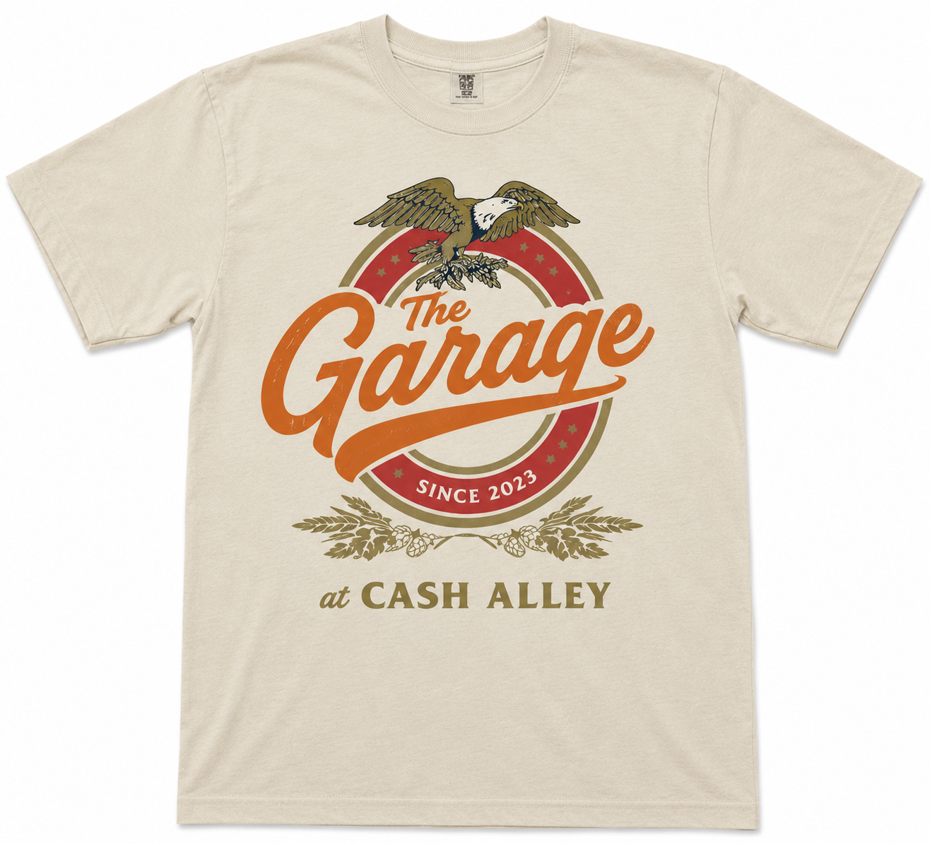 Eagle Crest Since 2023 tee with olive eagle and red ring print