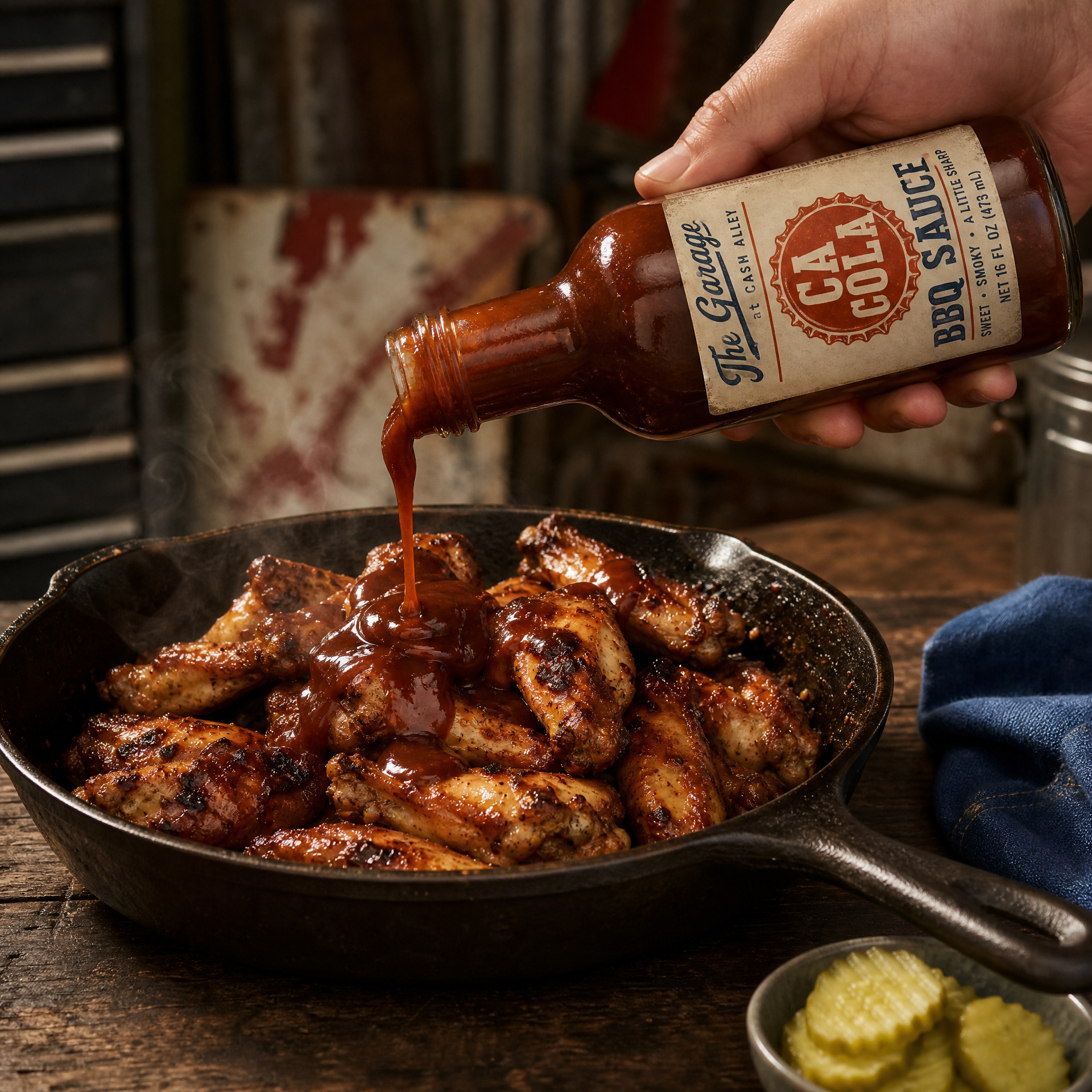 CA Cola BBQ Sauce poured over grilled wings in a cast iron skillet