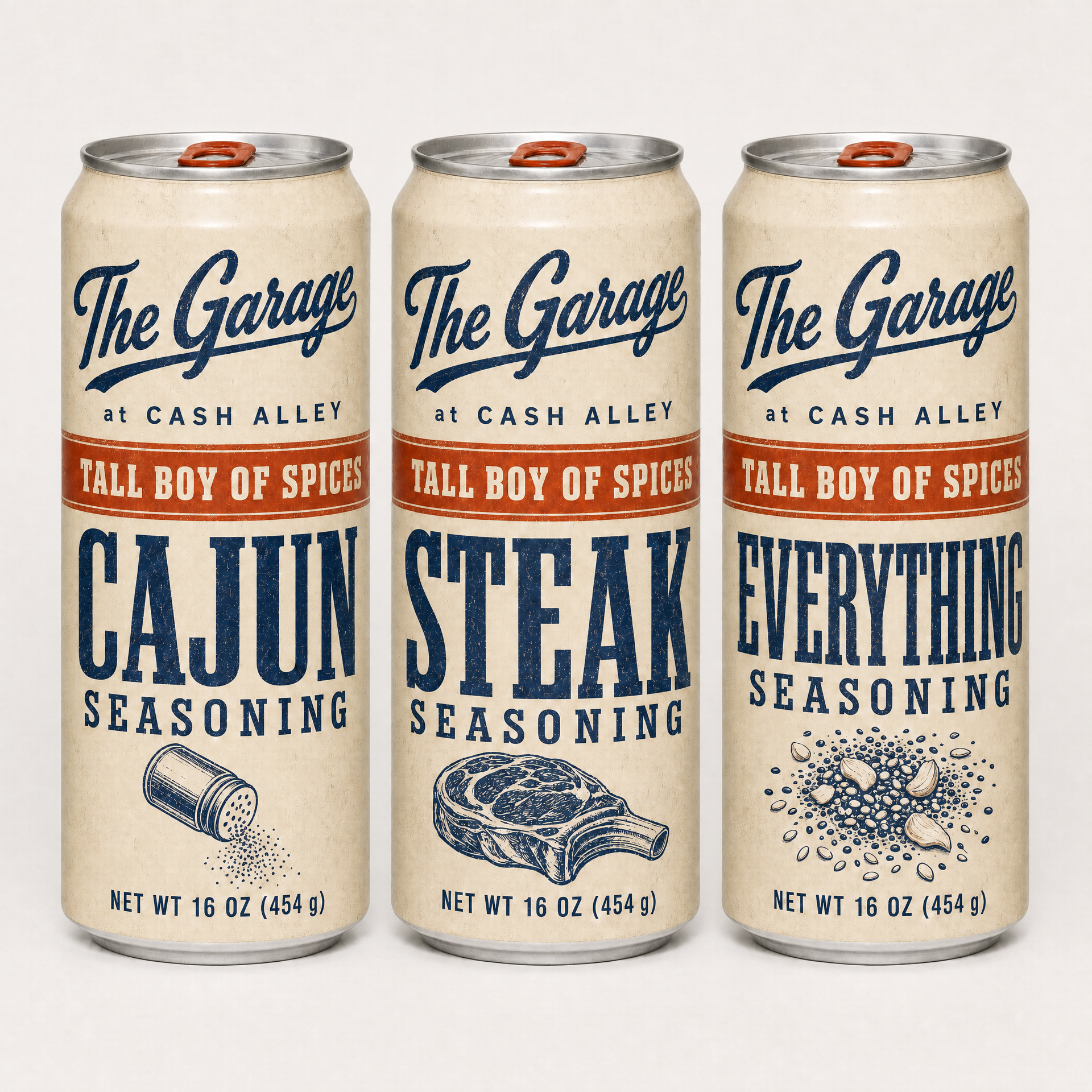 All three Tall Boy seasonings: Cajun, Steak and Everything
