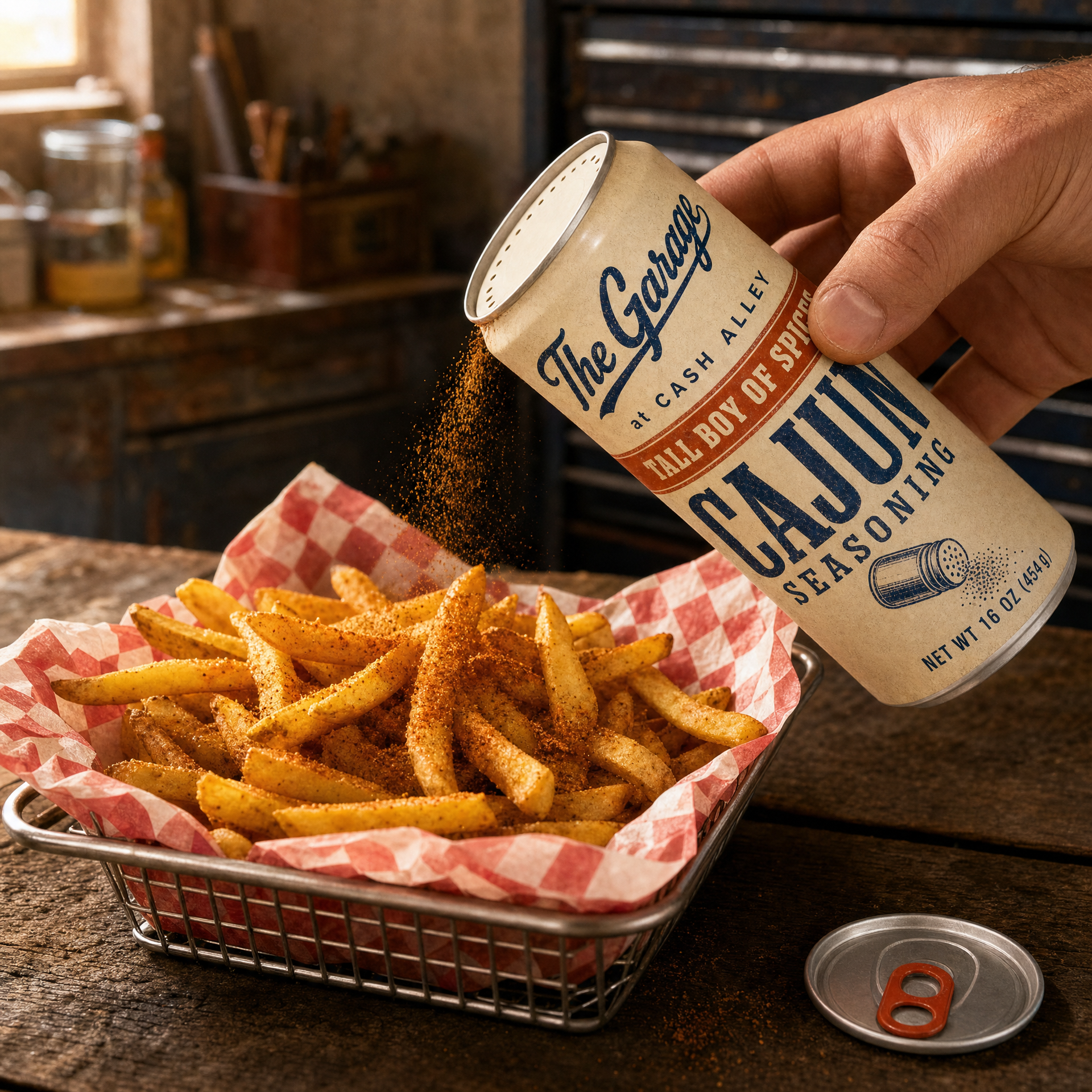 Tall Boy Cajun Seasoning shaken over a basket of fries