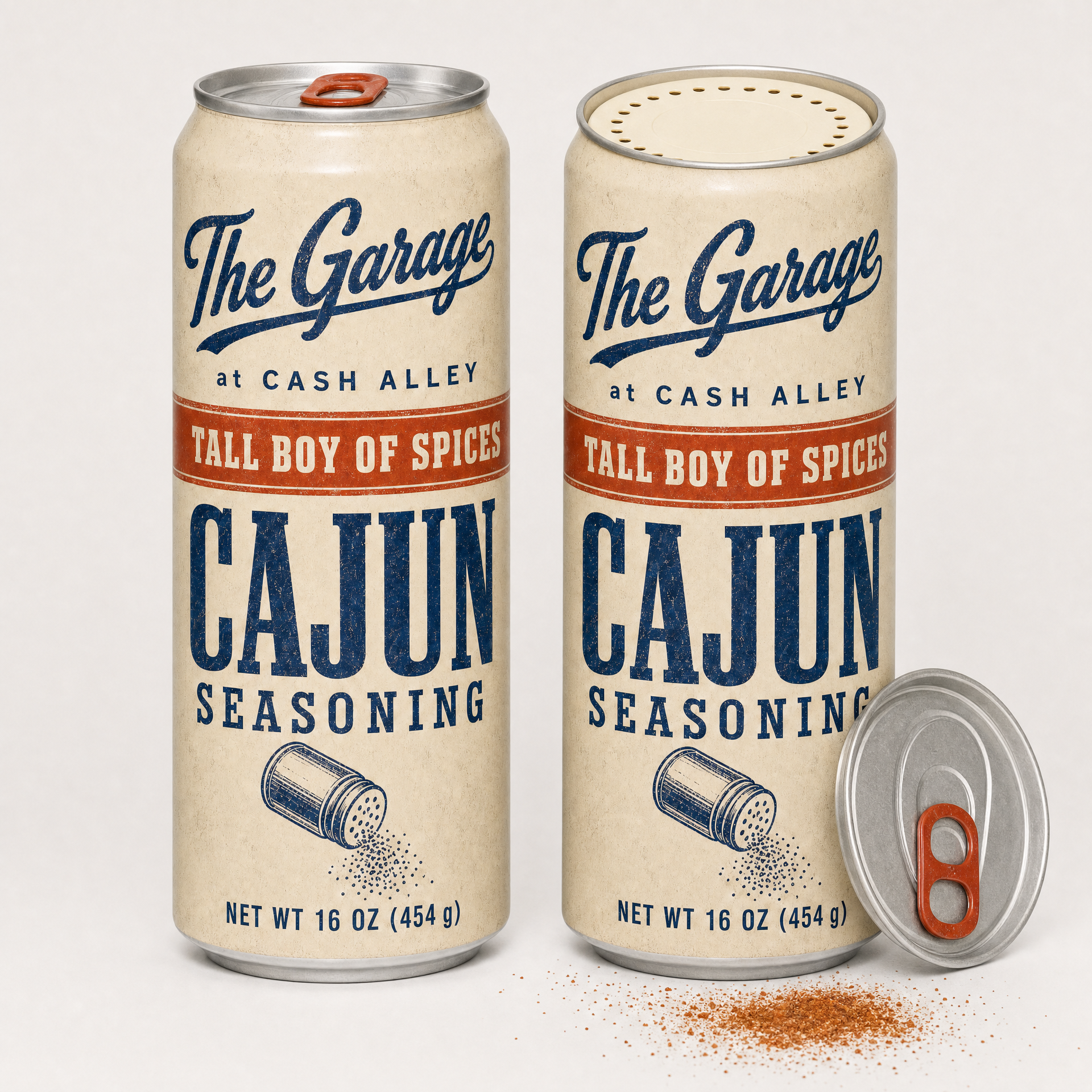Tall Boy seasoning can opened to reveal the shaker top under the pull tab