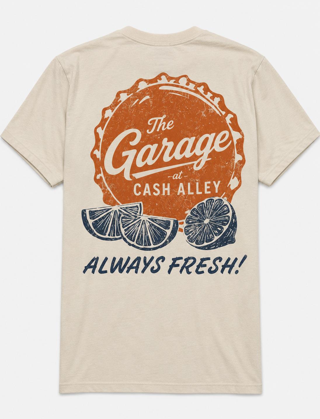 Always Fresh tee with rust bottle cap and navy citrus print