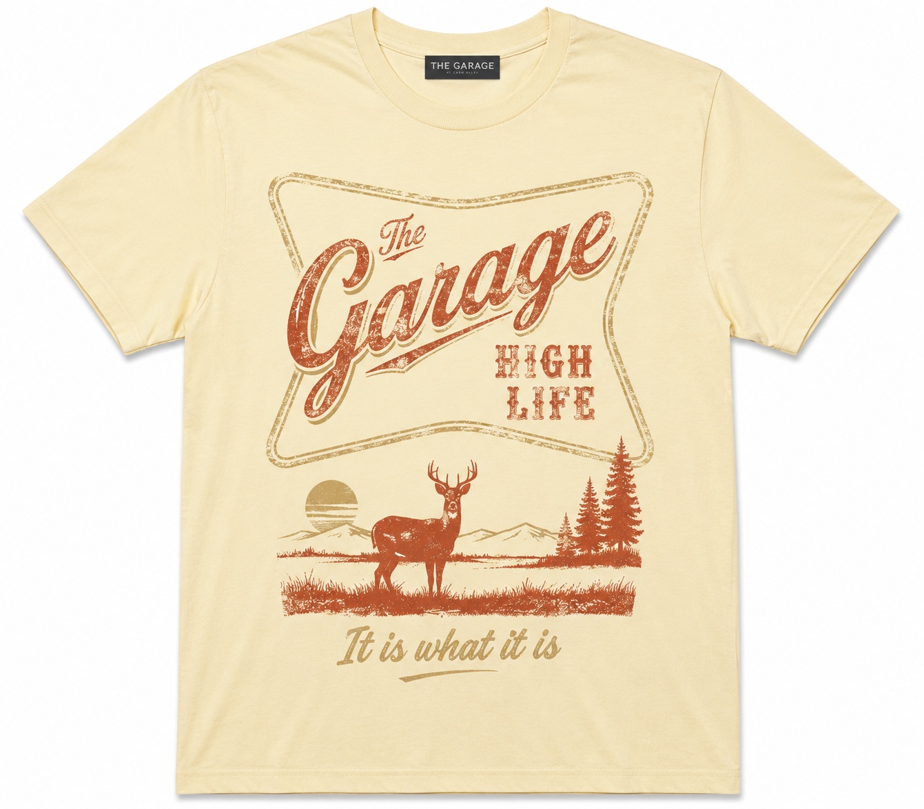 High Life tee with rust deer and pines in a gold frame