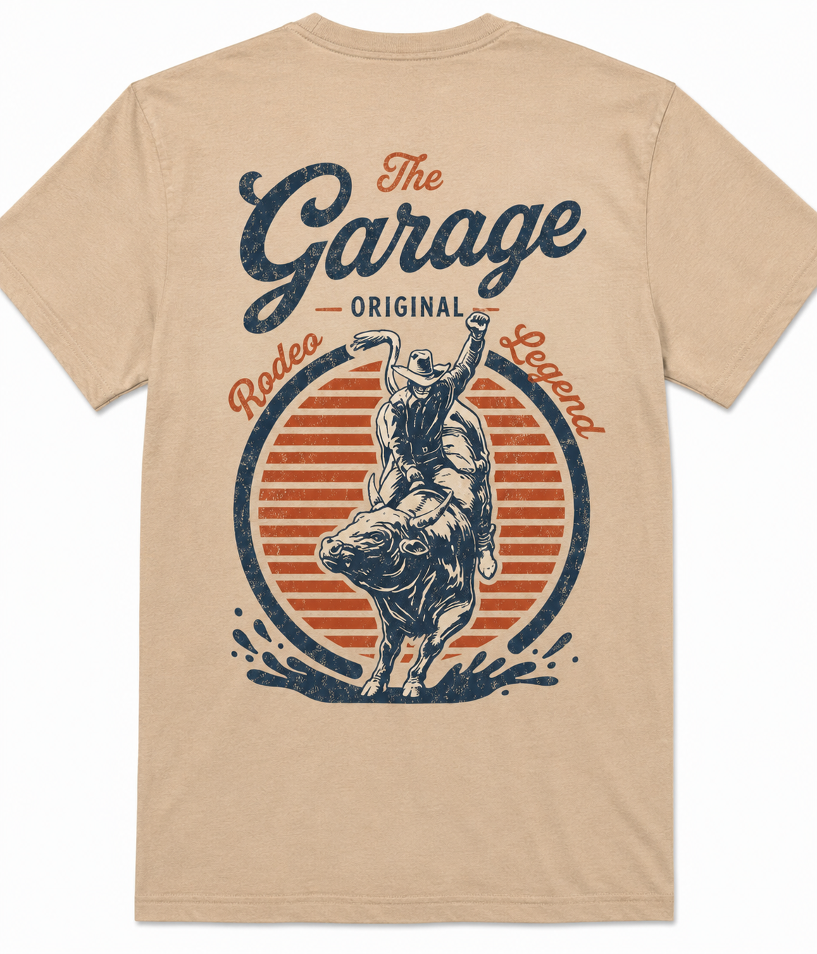 Rodeo Legend tee with navy bull rider in a rust sunburst