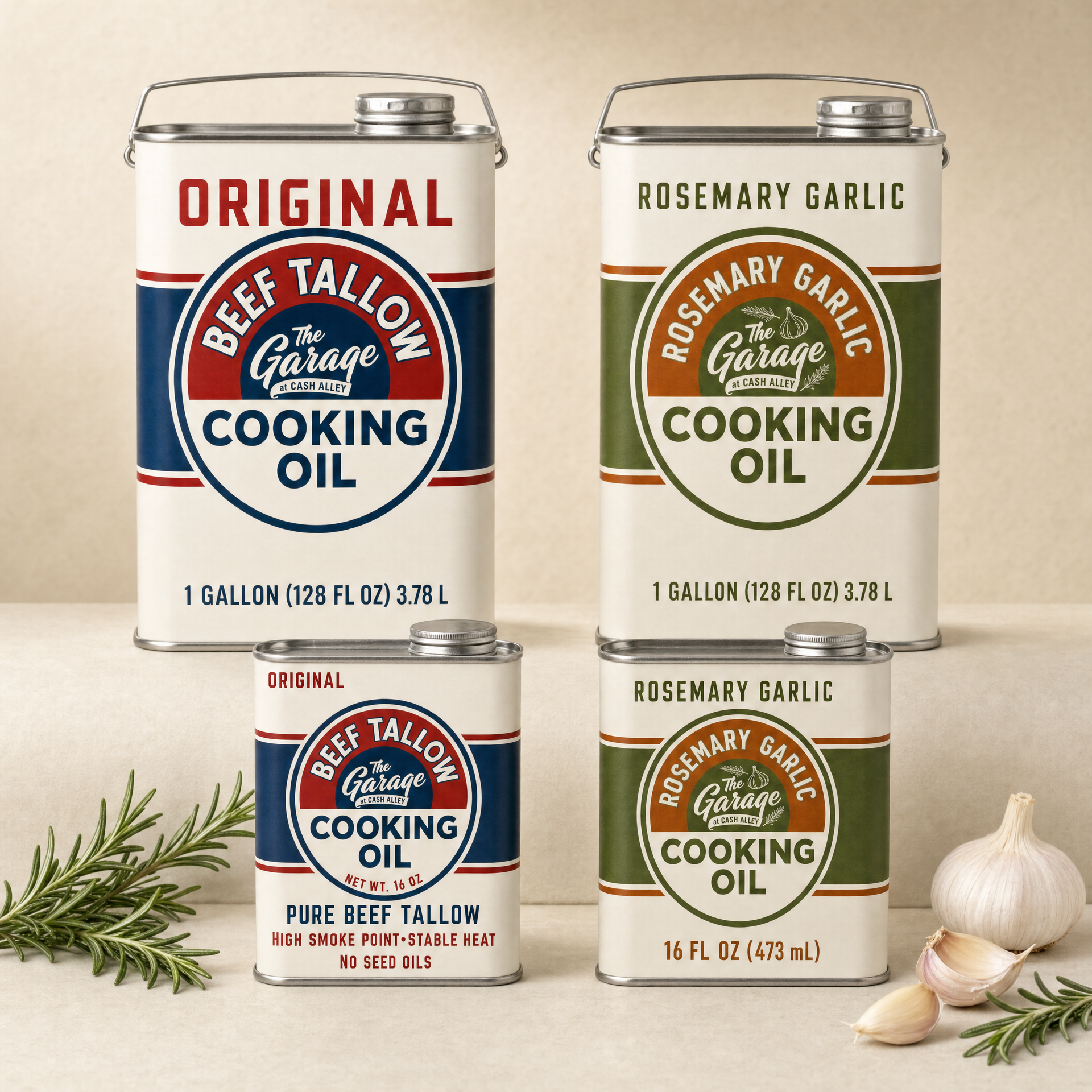 The Full Garage bundle with both 16 fl oz tins and both one gallon refill cans