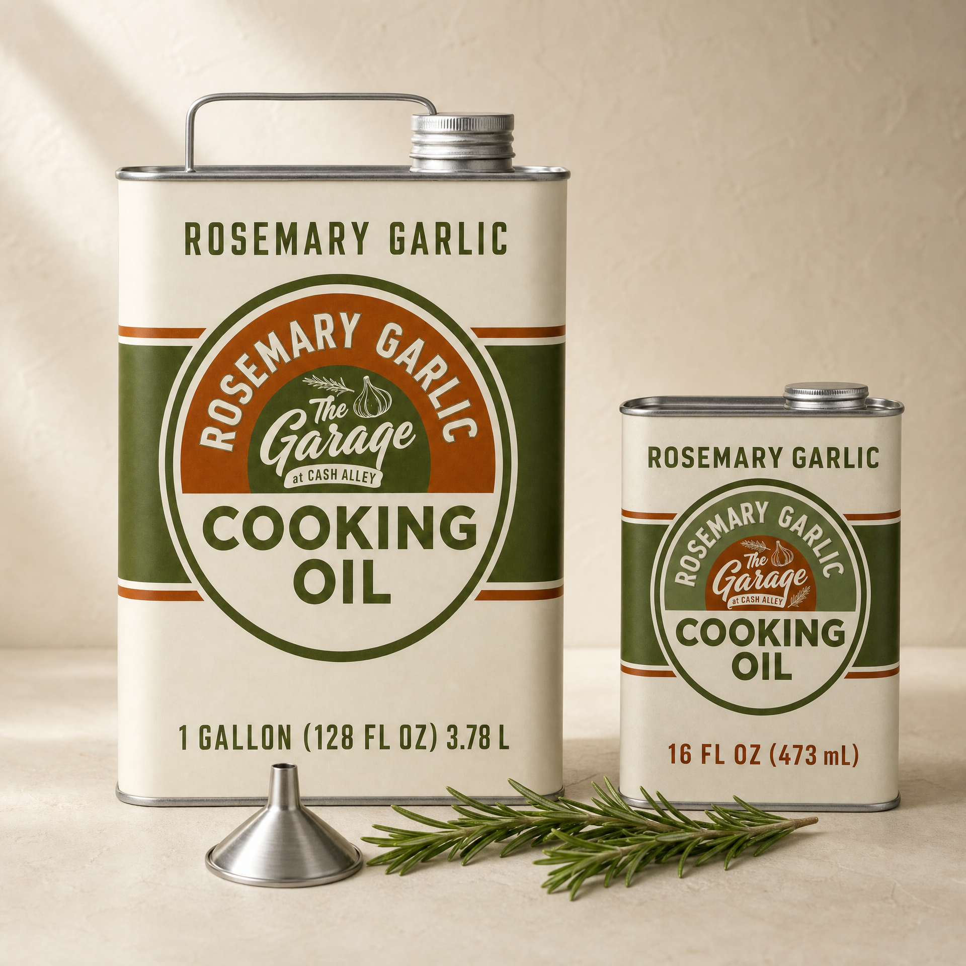 Rosemary Garlic Can and Refill bundle with the 16 fl oz tin and the one gallon refill can