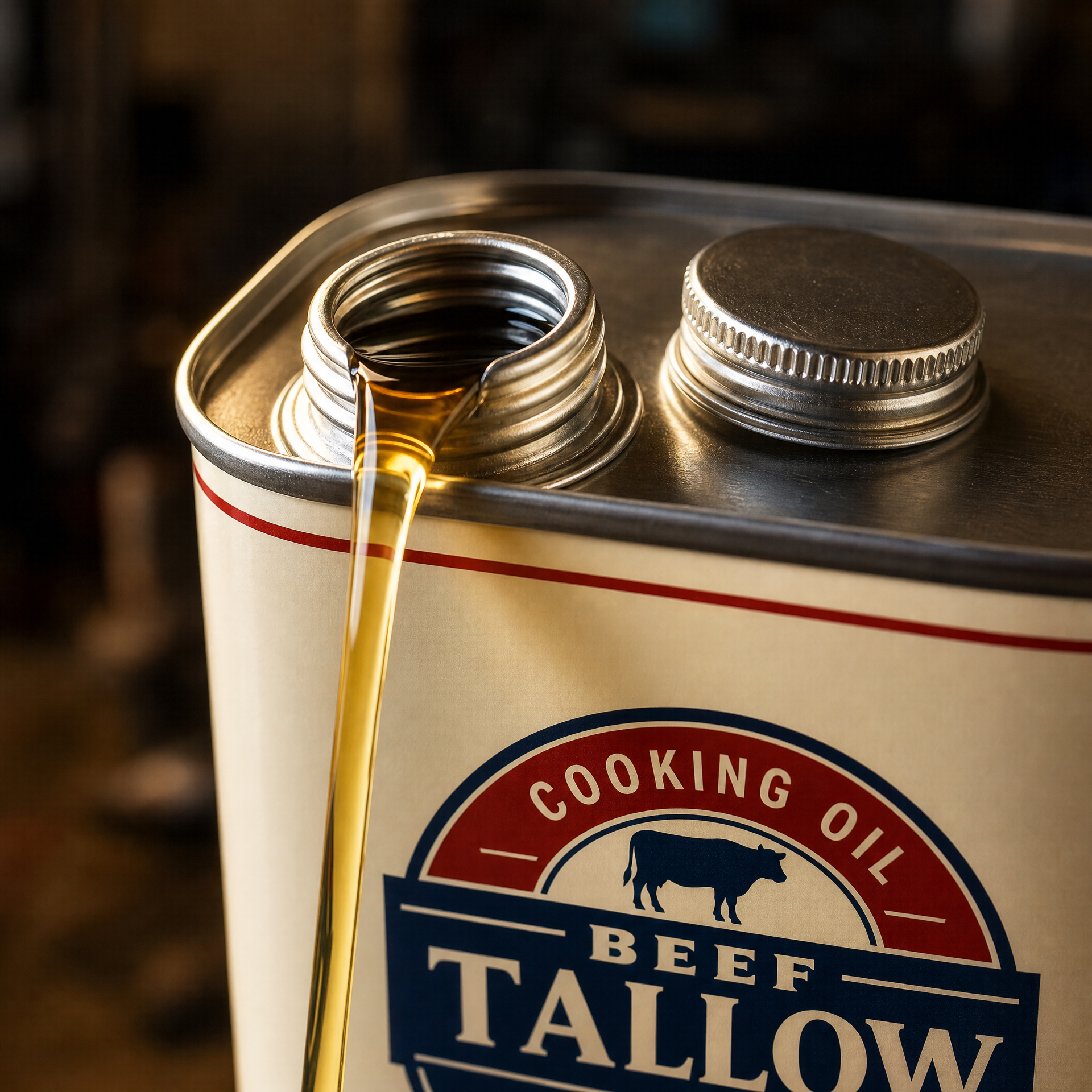 Close-up of the Original tallow oil tin screw cap and pour spout