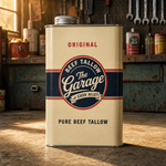 Original Tallow Cooking Oil 16 fl oz cream steel tin standing on a garage concrete floor