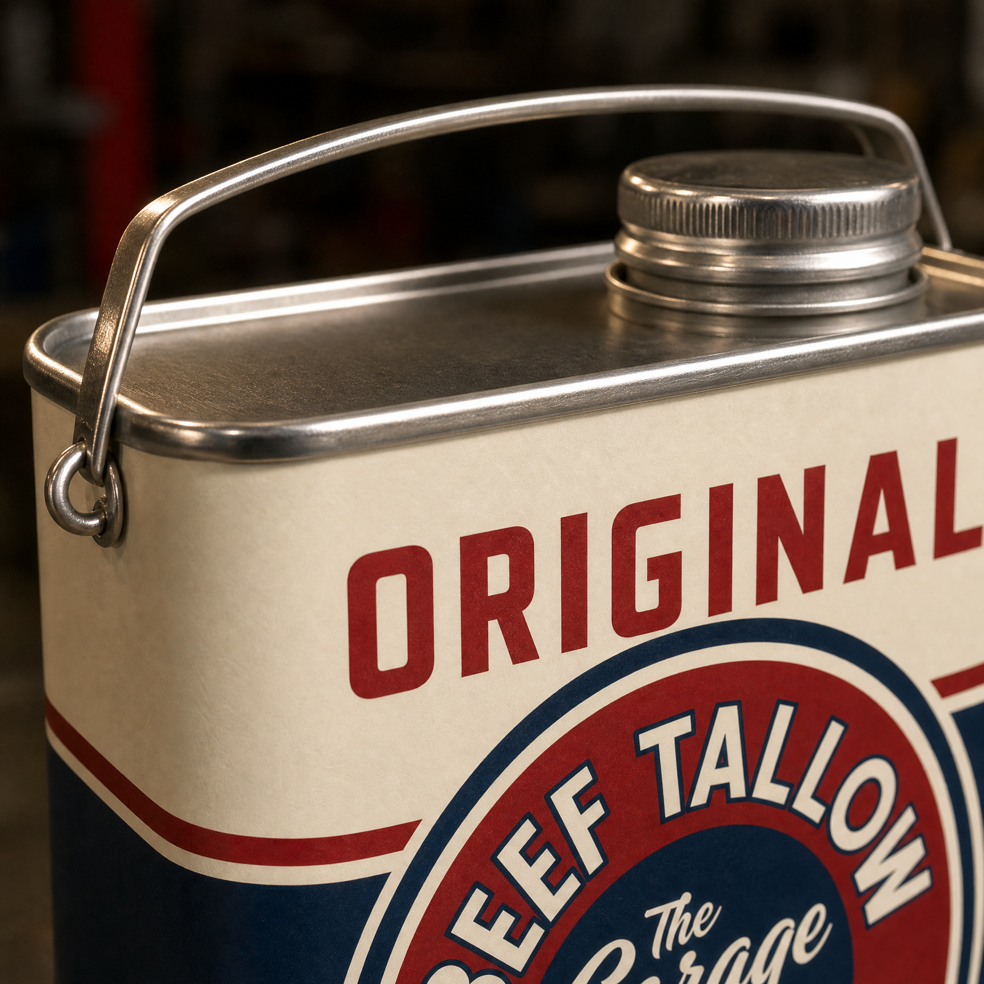 Close-up of the one gallon can steel wire bail handle and cap