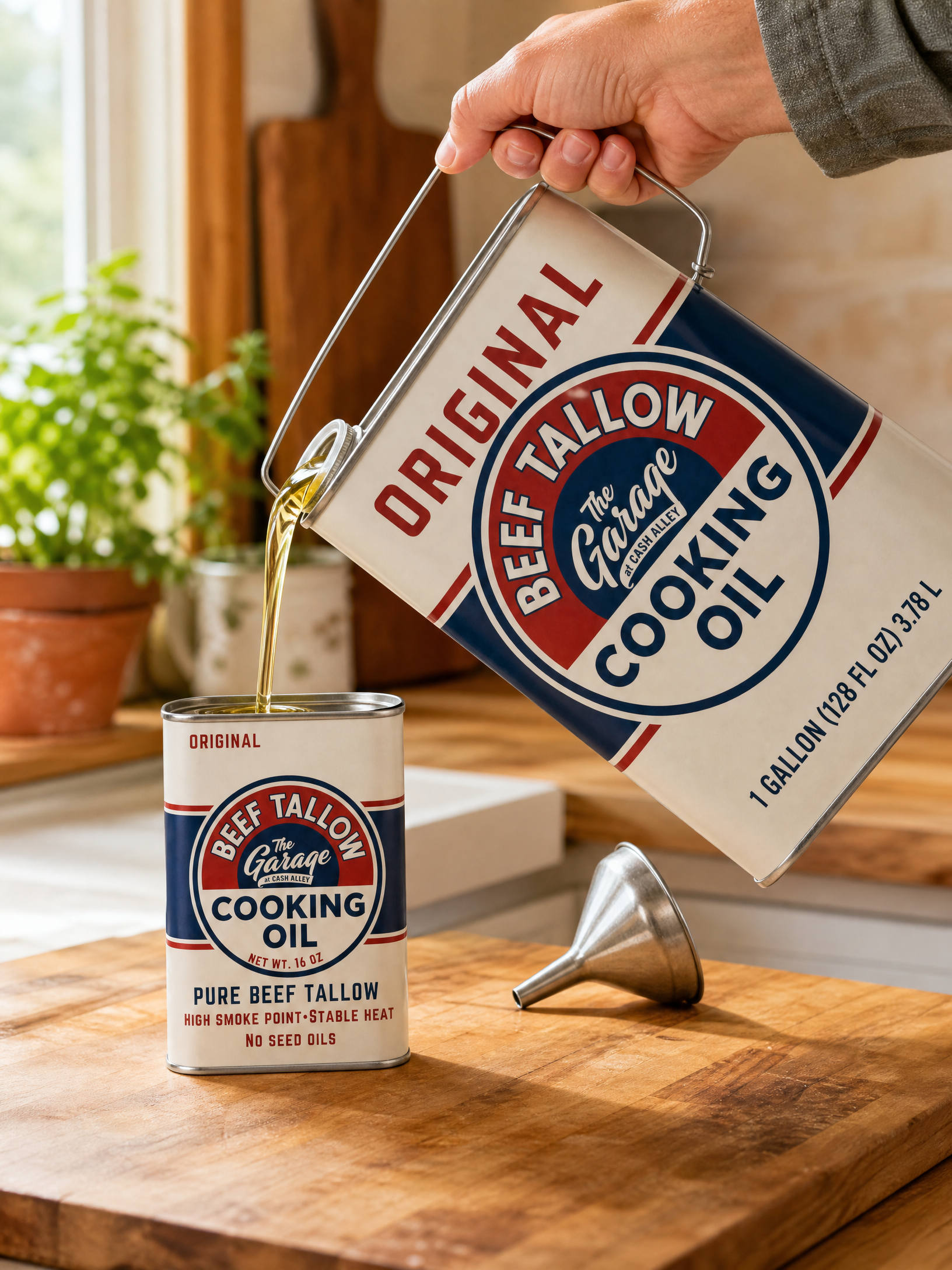 Refilling a 16 fl oz Original tallow oil tin from the one gallon can