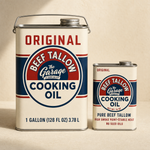 Original tallow oil one gallon can beside the 16 fl oz tin showing the size difference