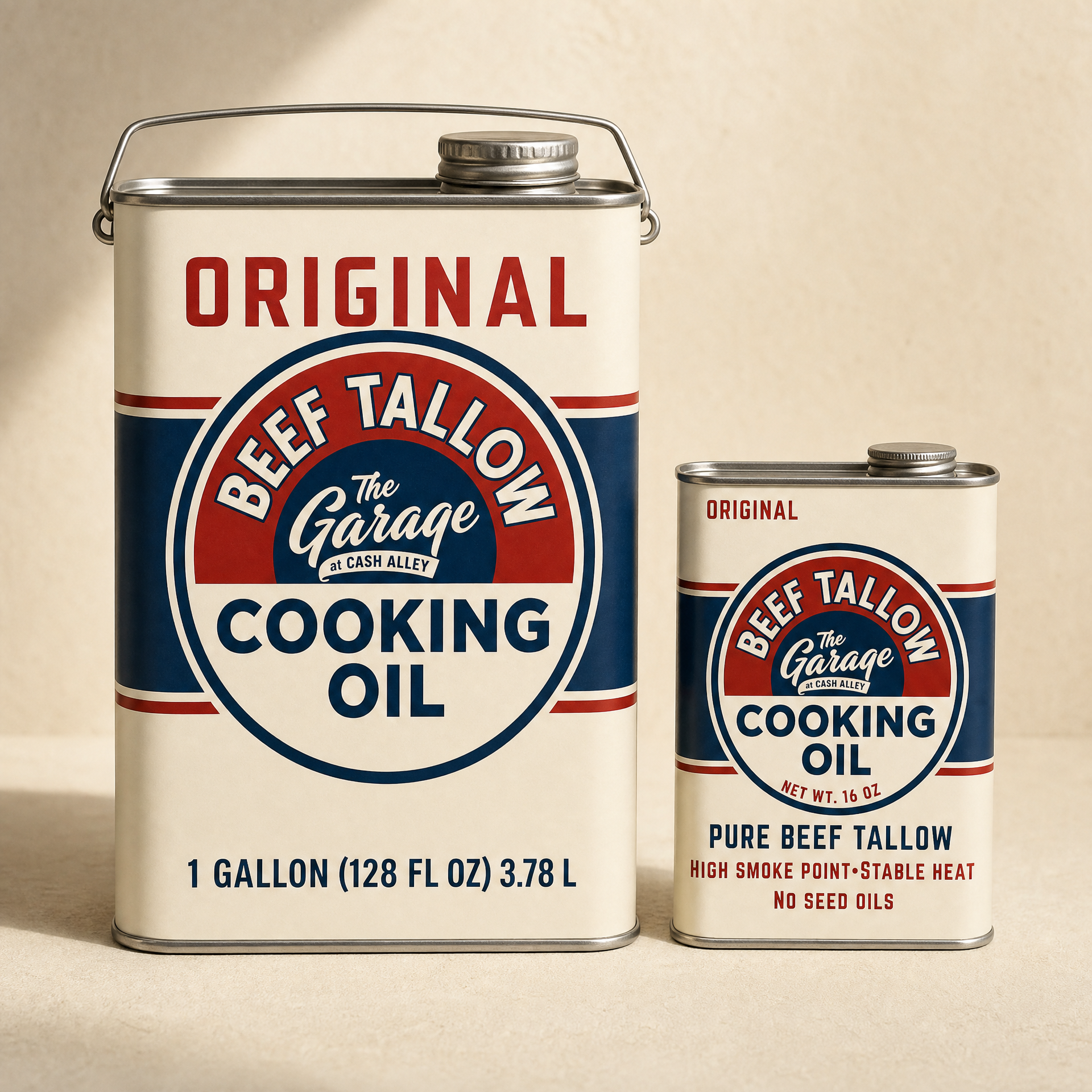 Original tallow oil one gallon can beside the 16 fl oz tin showing the size difference
