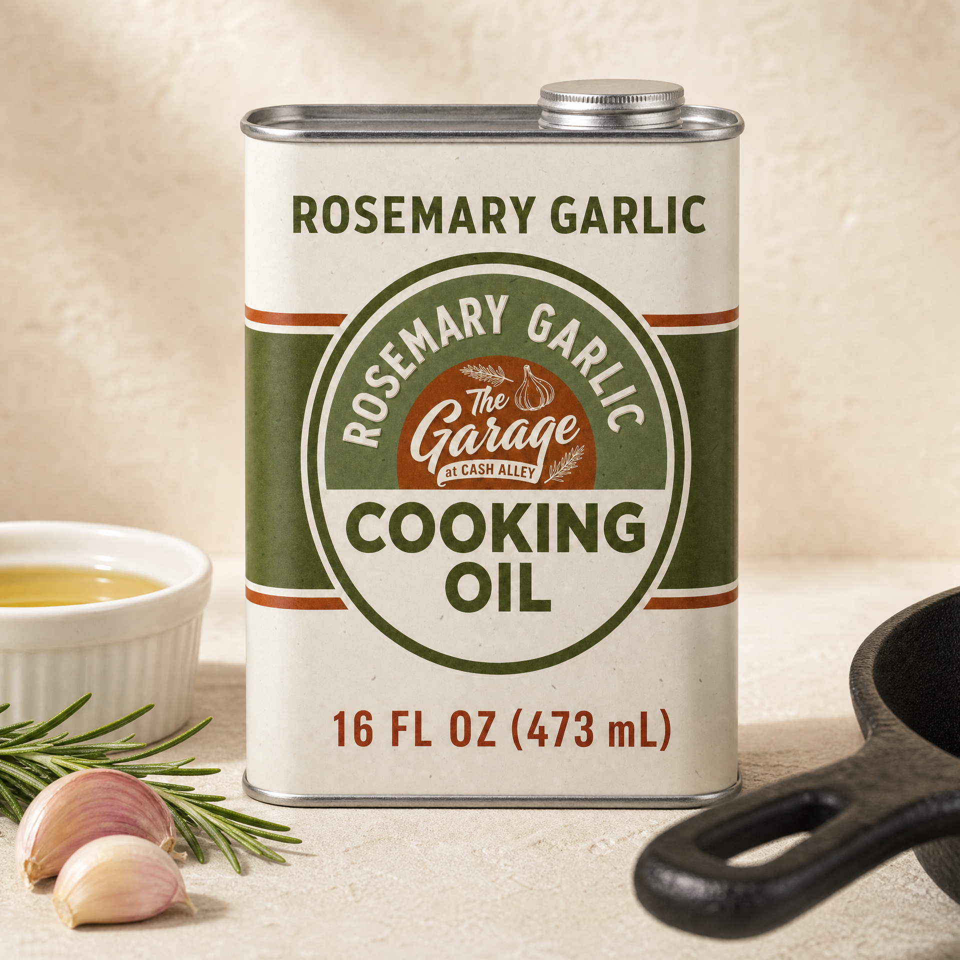 Rosemary Garlic Tallow Cooking Oil 16 fl oz tin with fresh rosemary sprigs and garlic cloves