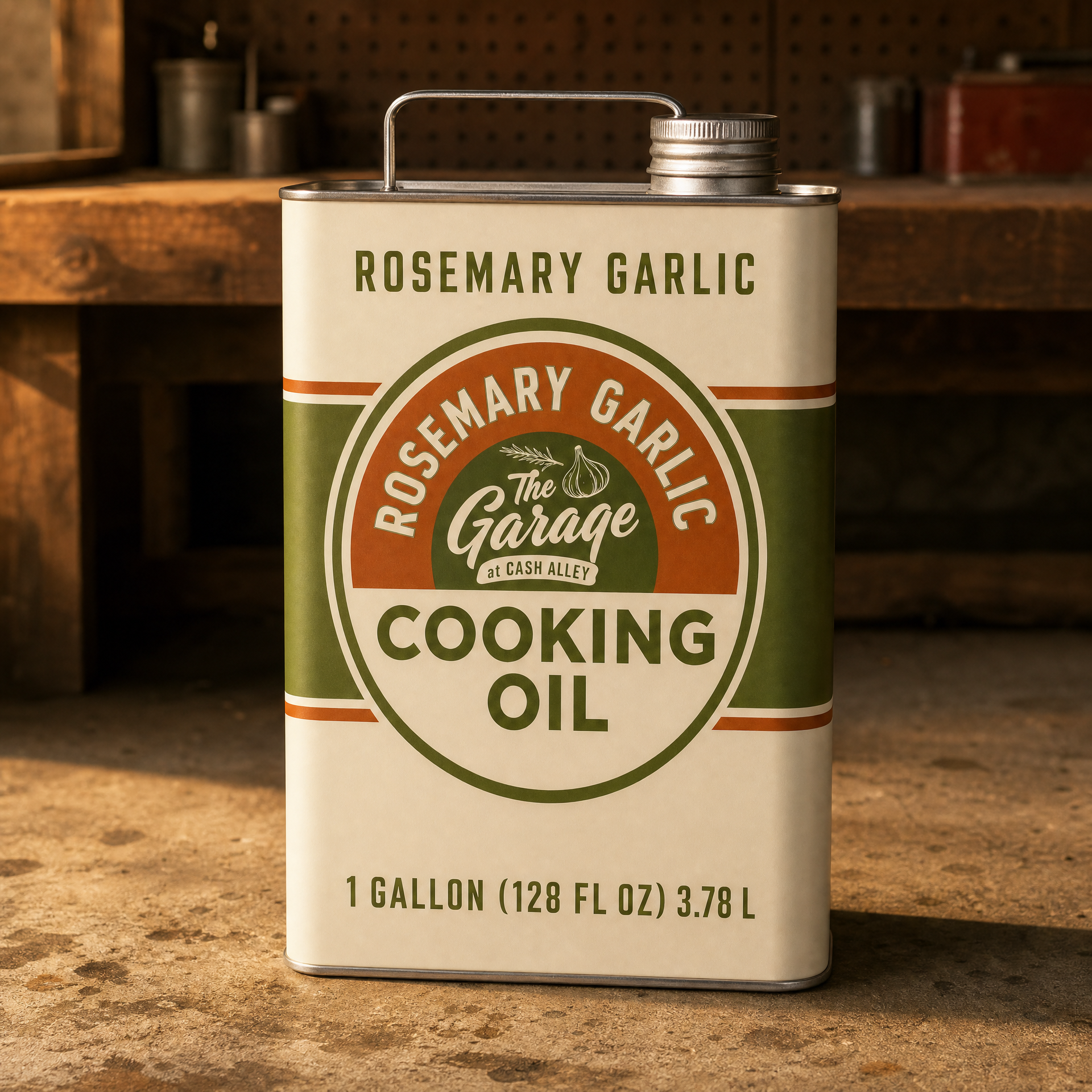 Rosemary Garlic Tallow Cooking Oil one gallon refill can with steel wire bail handle