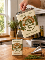 Refilling a 16 fl oz Rosemary Garlic tallow oil tin from the one gallon can
