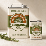 Rosemary Garlic tallow oil one gallon can beside the 16 fl oz tin showing the size difference