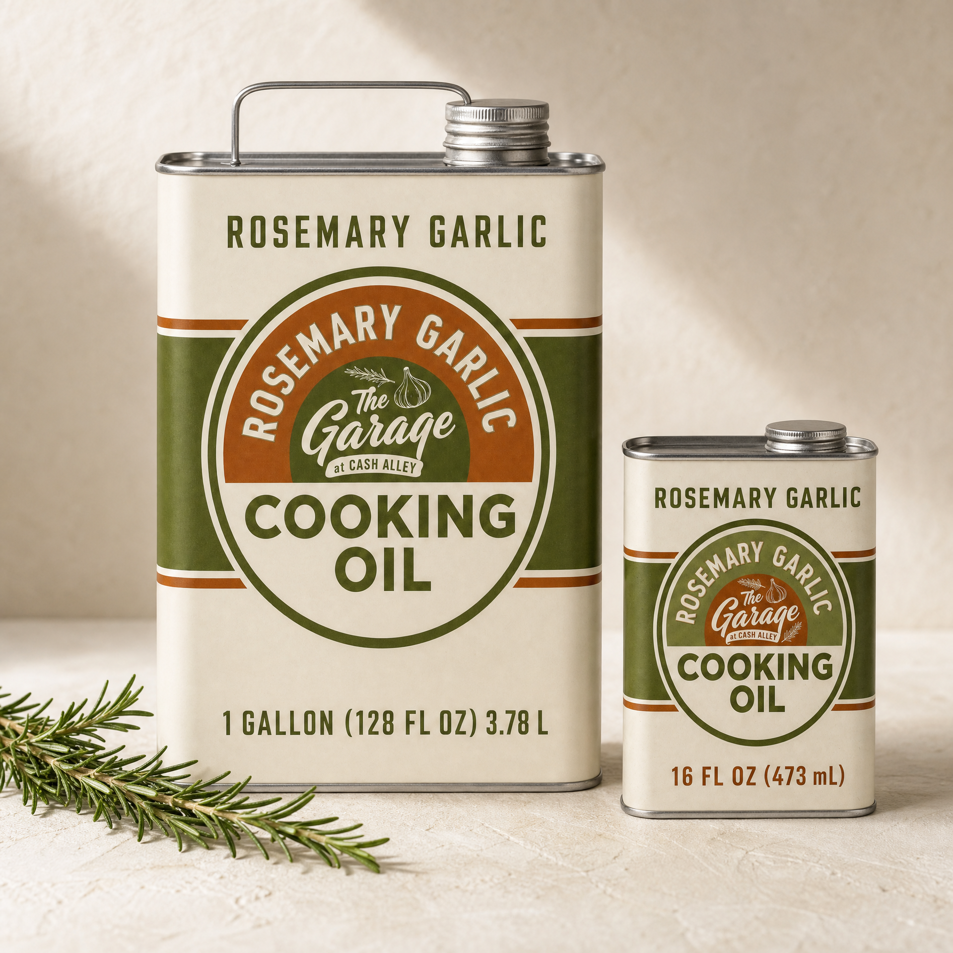 Rosemary Garlic tallow oil one gallon can beside the 16 fl oz tin showing the size difference