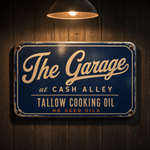 The Garage at Cash Alley vintage enamel service station sign for tallow cooking oil