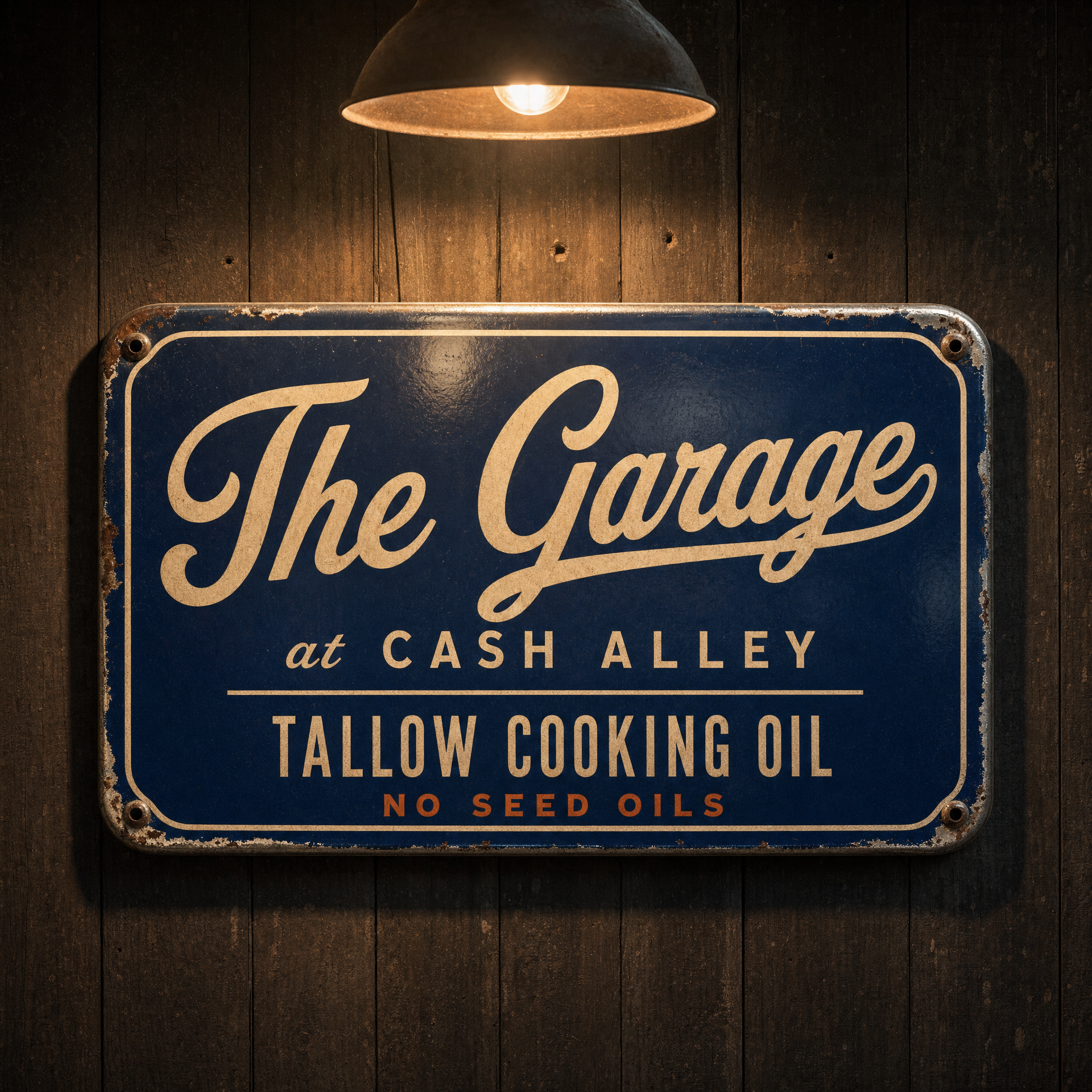 The Garage at Cash Alley vintage enamel service station sign for tallow cooking oil