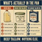 Comparison chart of seed oils, solid tub tallow and The Garage pourable tallow cooking oil